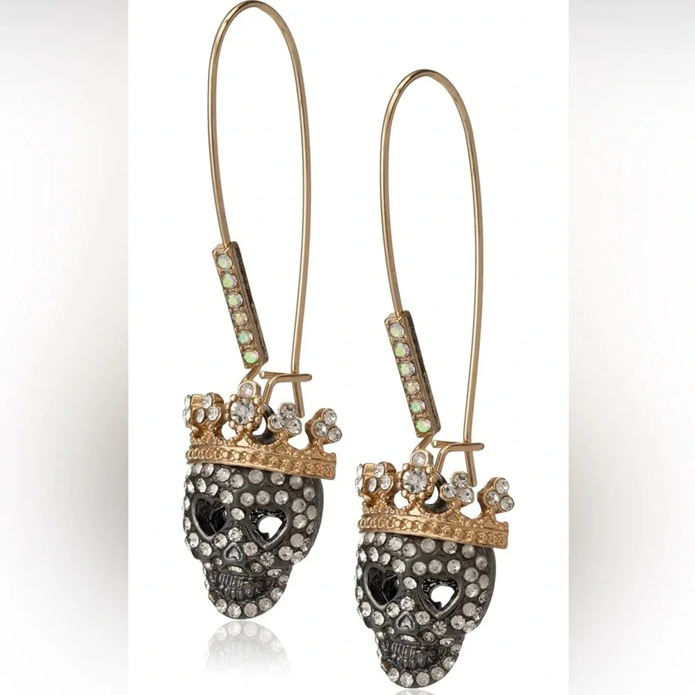 Betsey Johnson Gold and Black Pave Skull Earrings - Picture 7 of 8